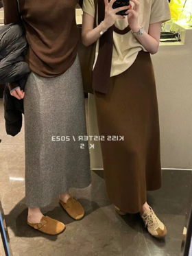 优雅纯色直筒后开叉半身裙N503★