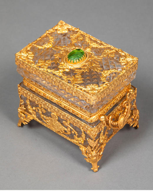 独角鹿西洋古董19世纪末法国出品路易十六风格花鸟自然主题铜鎏金精雕镶嵌水晶珍宝盒 商品图3