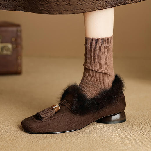 【预售5天】真皮毛毛鞋女低跟，磨砂翻皮单鞋加厚绒保暖方头女鞋K1805M 商品图2