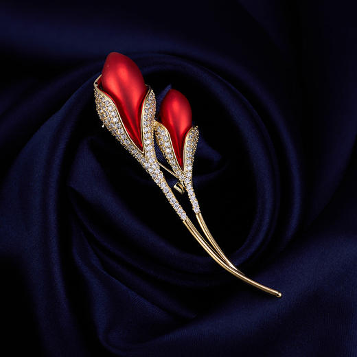红色郁金香花朵烤漆微镶锆石胸针，高级感轻奢大气精致胸花外套配饰LY-E-129 商品图0