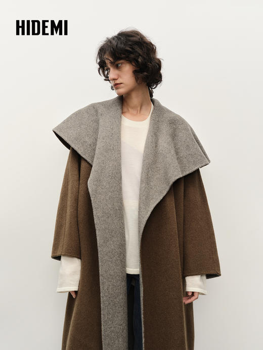HIDEMI 进口澳洲美利奴双面双色长毛羊毛大翻领茧型大廓形大衣 商品图5