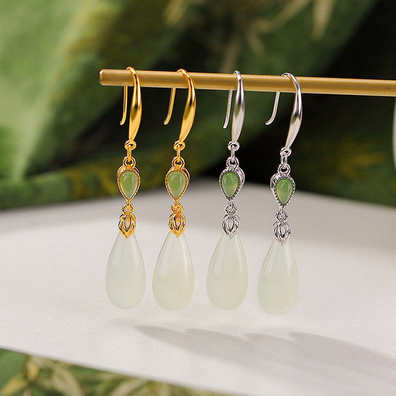【好梦连连】S925纯银镀金和田玉白玉碧玉水滴耳环【CW-EG02433】