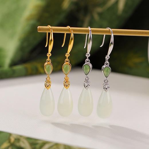 【好梦连连】S925纯银镀金和田玉白玉碧玉水滴耳环【CW-EG02433】 商品图0