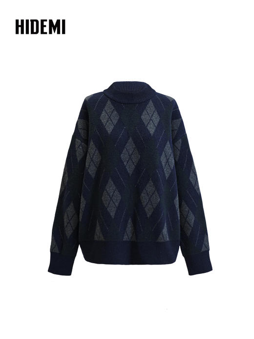 HIDEMI 进口澳洲美利奴羊毛设计感手绘菱格撞色加厚廓形套头大毛衣  蓝灰棕 商品图7