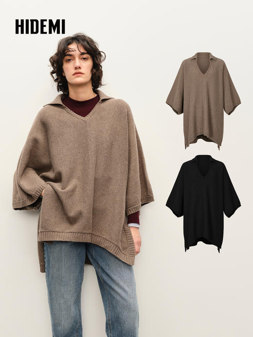 HIDEMI 进口美利奴羊毛POLO领大廓形设计感斗篷 商品图0
