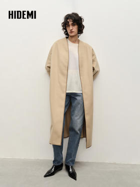 HIDEMI进口澳洲美利奴羊毛缎面包边镶嵌工艺无领式极简廓形长款大衣