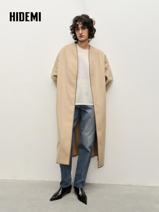 HIDEMI进口澳洲美利奴羊毛缎面包边镶嵌工艺无领式极简廓形长款大衣 商品图0