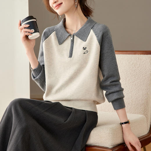 撞色POLO领针织毛衣，厚款职业气质妈妈保暖上衣CC-27-25270 商品图3