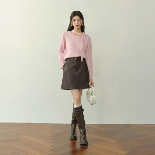 【严选】诗凡黎100%羊毛挂脖飘带针织衫2025冬新款设计感温柔淑女显瘦毛衣7GC133401 商品图1