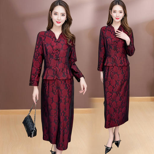 QYM SMAT108国风长袖连衣裙假两件修身显瘦印花喜庆风裙 商品图0