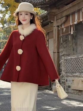 羊毛双面呢红色大衣2025冬套装裙斗篷外套