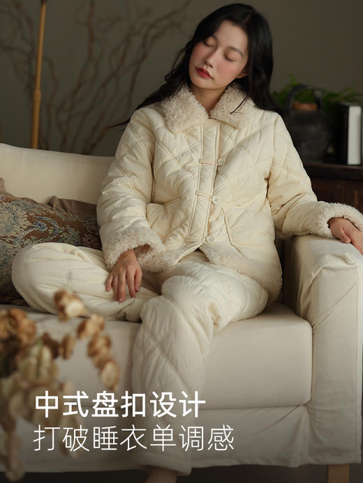 松植屋女款猫猫领抗静电三层夹棉加厚棉袄套装可外穿家居服 商品图2