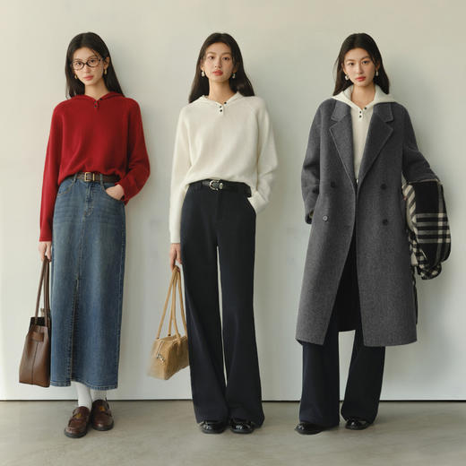 【严选】诗凡黎100%羊毛连帽套头针织衫2025冬新款韩系慵懒百搭休闲毛衣女7GC133461 商品图1