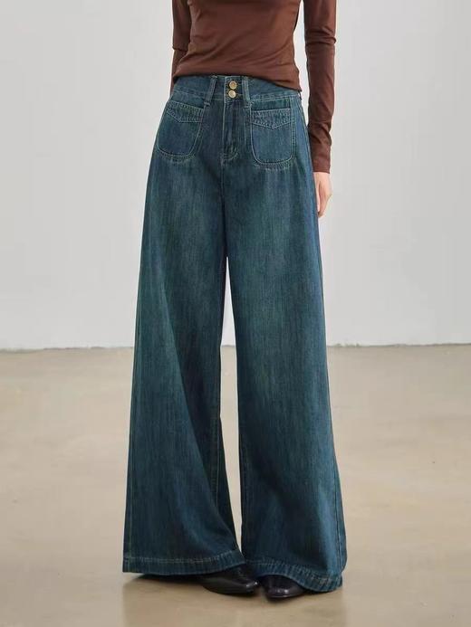 D120223一件过冬~冬季新款加绒复古高腰双口袋垂感显瘦直筒阔腿牛仔裤 商品图3