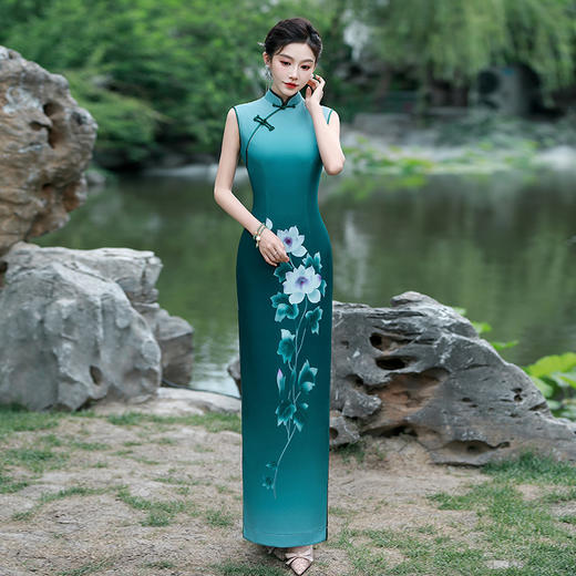 2025新款夏季舞台走秀演出修身旗袍连衣裙长款低领演出服花开四季 商品图0