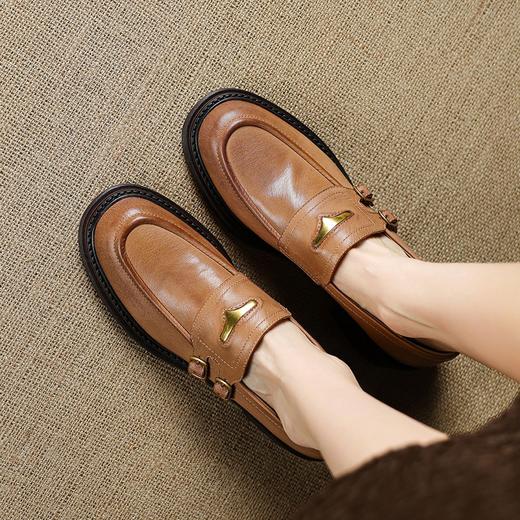 【预售5天】复古棕色真皮圆头小皮鞋，加绒羊皮保暖深口单鞋粗跟中跟女鞋M9806 商品图2