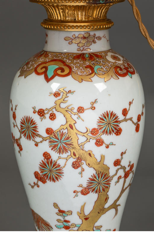 独角鹿西洋古董19世纪末法国出品路易十五风格铜鎏金装饰矾红描金梅花图瓷瓶台灯一对 商品图5