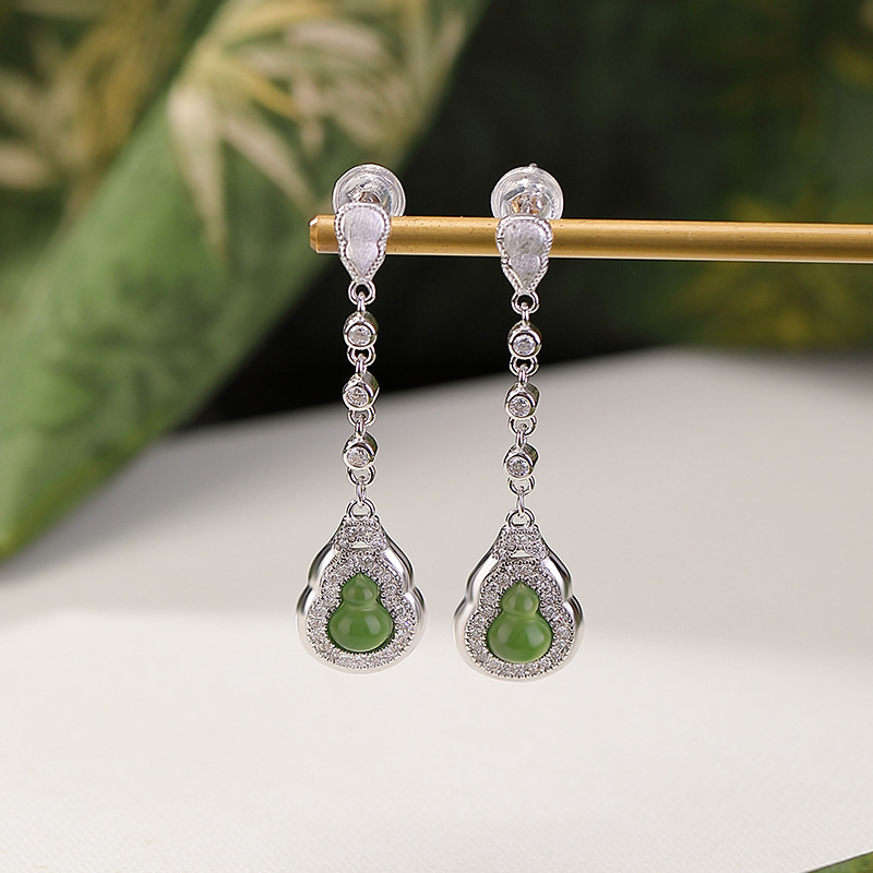 【福禄降临】天然和田玉S925纯银碧玉葫芦福禄耳钉【CW-ED04119】