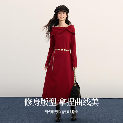 【12/03新品】熙世界2025冬季圣诞千金赫本红色蝴蝶结一字领针织连衣裙氛围感女 商品图2