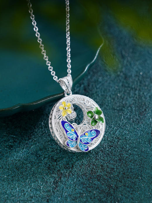 子佩集S990银【娇花静蝶】套链【MXTL024】纯银花丝珐琅彩项链2412 商品图0