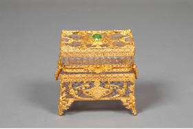 独角鹿西洋古董19世纪末法国出品路易十六风格花鸟自然主题铜鎏金精雕镶嵌水晶珍宝盒