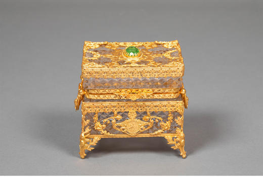 独角鹿西洋古董19世纪末法国出品路易十六风格花鸟自然主题铜鎏金精雕镶嵌水晶珍宝盒 商品图0