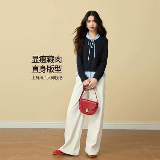 【12/03新品】熙世界云柔亲肤假两件针织T恤女长袖秋冬内搭打底衫撞色系带上衣 商品图3