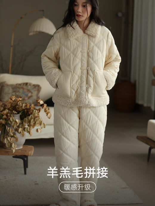 松植屋女款猫猫领抗静电三层夹棉加厚棉袄套装可外穿家居服 商品图1