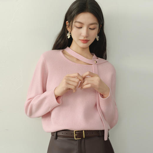 【严选】诗凡黎100%羊毛挂脖飘带针织衫2025冬新款设计感温柔淑女显瘦毛衣7GC133401 商品图2