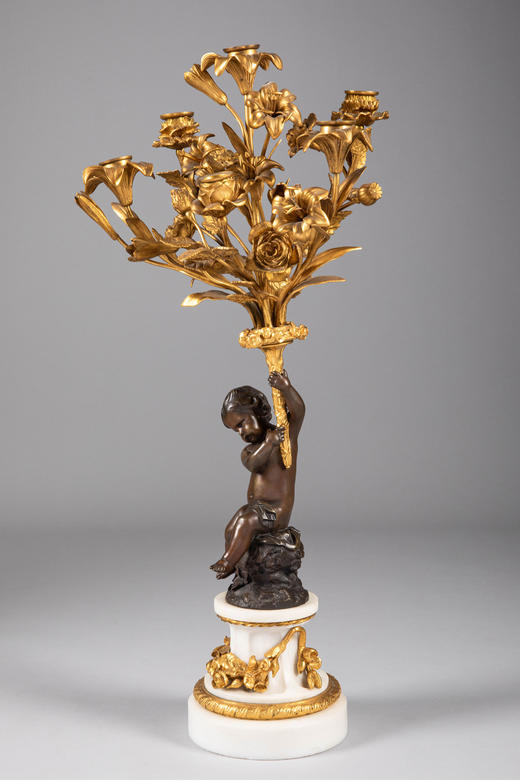 独角鹿西洋古董19世纪法国出品路易十六风格花卉主题铜鎏金雕饰大理石底座嵌青铜小天使多支烛台一对 商品图1