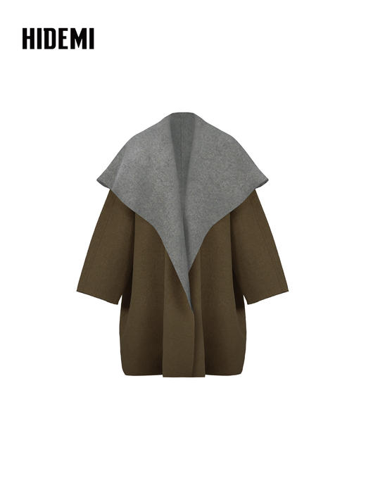 HIDEMI 进口澳洲美利奴双面双色长毛羊毛大翻领茧型大廓形大衣 商品图7