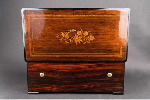 独角鹿西洋古董1870年代瑞士出品细木镶嵌外箱滚轴式美人鱼铃铛音乐盒 商品图2