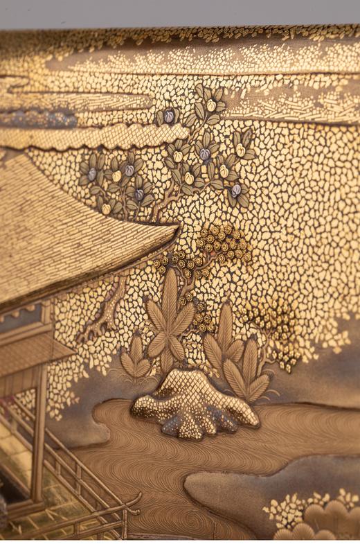 独角鹿西洋古董1910年代日本明治时期出品源氏物语「初音」主题莳绘手箱 带原盒 商品图7