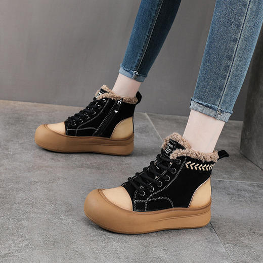 YR 2953复古拼色加绒保暖棉鞋高帮休闲板鞋轻奢短靴 商品图0