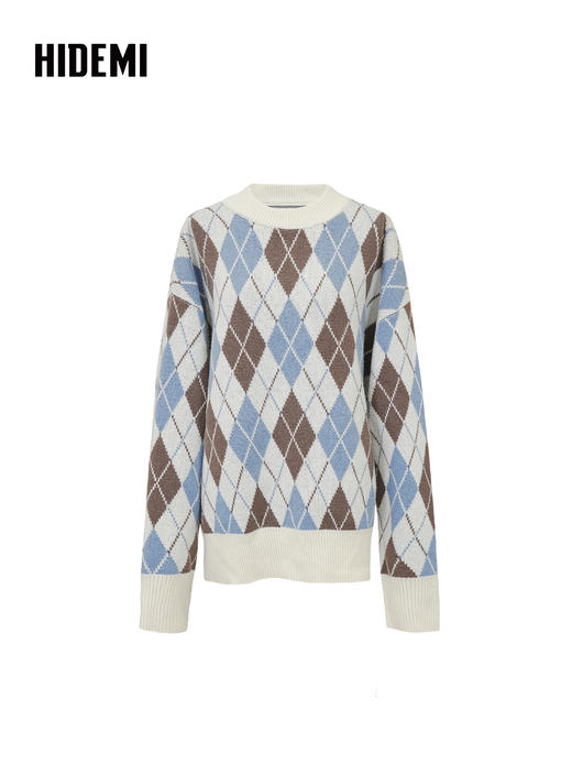HIDEMI 进口澳洲美利奴羊毛设计感手绘菱格撞色加厚廓形套头大毛衣  蓝灰棕 商品图6