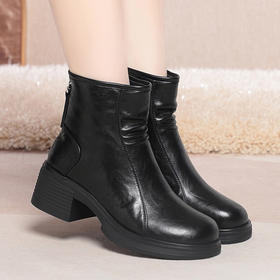 加厚棉靴粗跟圆头防水台后拉链骑士靴