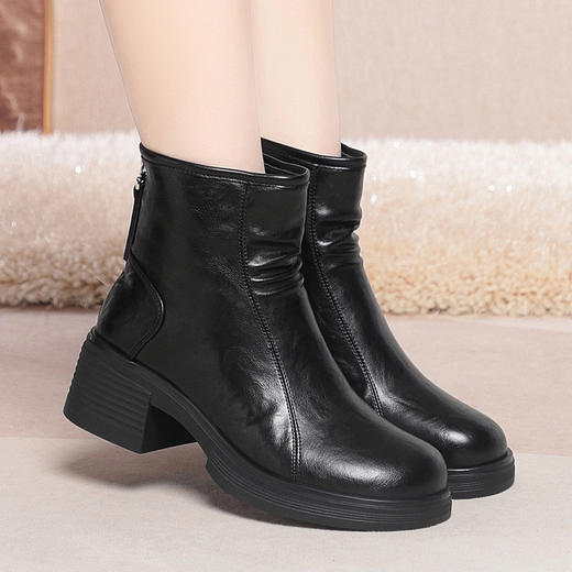 加厚棉靴粗跟圆头防水台后拉链骑士靴 商品图0