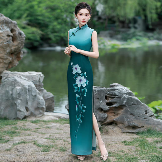 2025新款夏季舞台走秀演出修身旗袍连衣裙长款低领演出服花开四季 商品图1