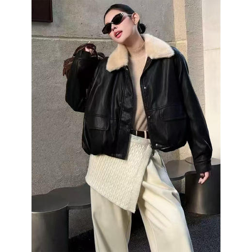 「高货sh」全新升级【铂金会员422/天猫569/差价147】(23629)洛诗琳水貂毛毛领蛋白皮夹克2025冬季加绒翻领保暖外套女 商品图3