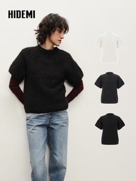 HIDEMI 极简圆领短袖羊毛圈圈纱针织上衣