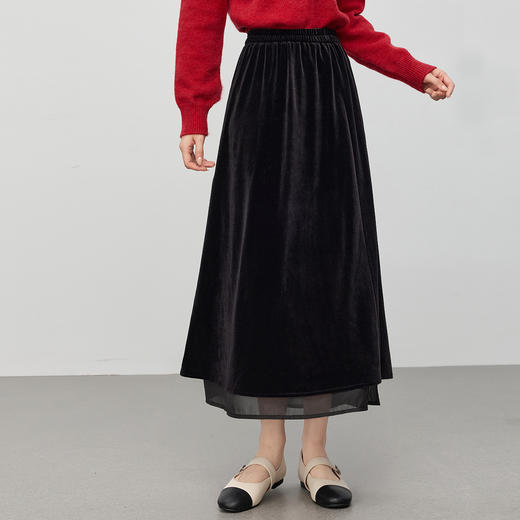 【12/03新品】熙世界法式千金光泽感丝绒半身裙女秋冬高腰网纱拼接中长款A字裙 商品图4