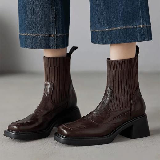 【秋冬真皮粗高跟切尔西马丁靴】复古厚底短靴，秋冬时尚新宠！法式方头设计，脚口弹力袜靴！穿脱便捷，百搭不挑人！【KH-J】 商品图4
