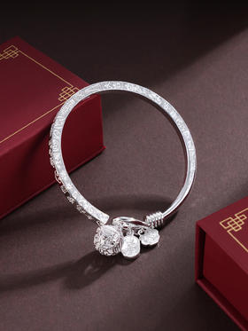子佩集S999银【四方吉言】手镯【SZ008353】纯银吊球开口2412