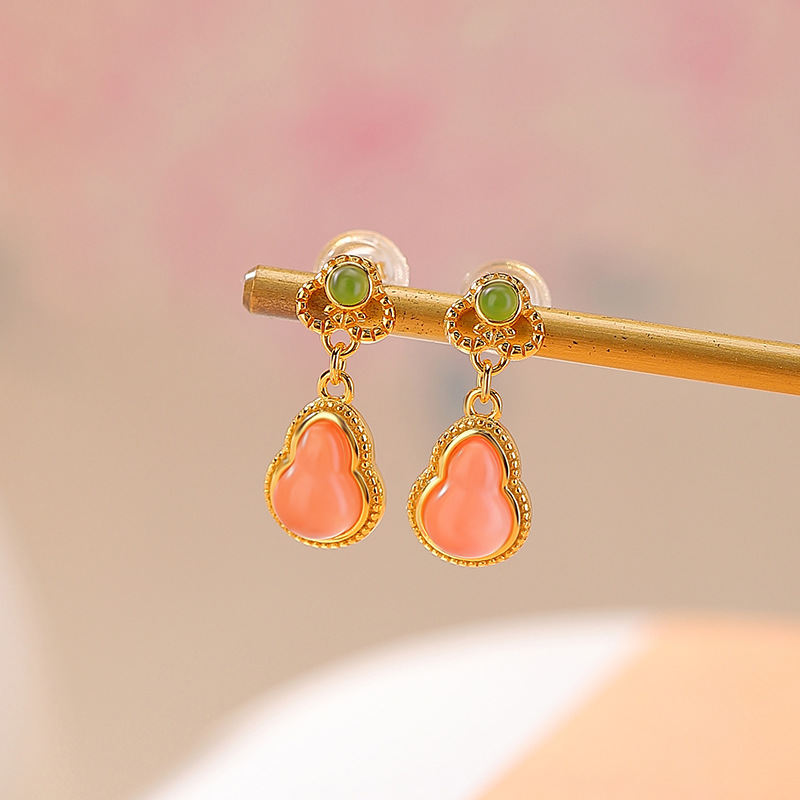 【福禄芳颜】S925纯银镀金水红南红玛瑙如意葫芦耳钉【CW-ED04462】