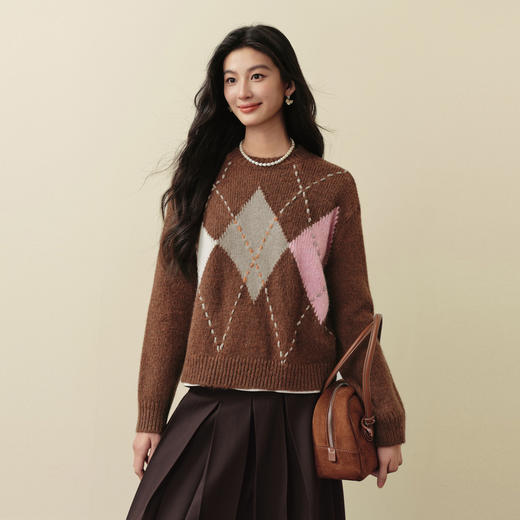 【严选】诗凡黎撞色菱格提花针织衫2025冬新款复古慵懒宽松软糯套头毛衣女7GC133371 商品图2