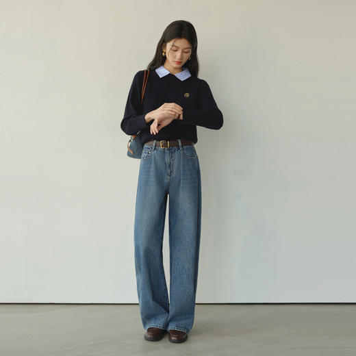 【严选】诗凡黎可脱卸领金扣麻花针织衫2025冬新款学院风针梭拼套头毛衣7GC133451 商品图1