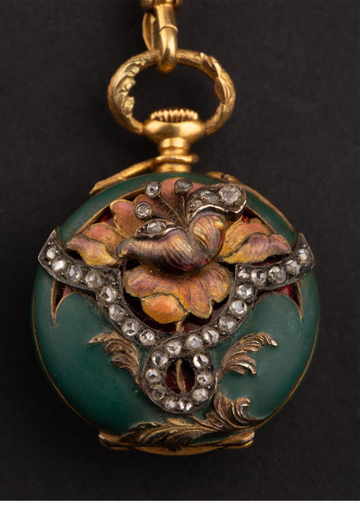独角鹿西洋古董1900年代美国出品新艺术风格花卉主题18k黄金红色玑镂珐琅镶嵌钻石手动上弦胸针怀表 商品图6