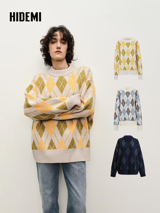 HIDEMI 进口澳洲美利奴羊毛设计感手绘菱格撞色加厚廓形套头大毛衣  蓝灰棕 商品图0
