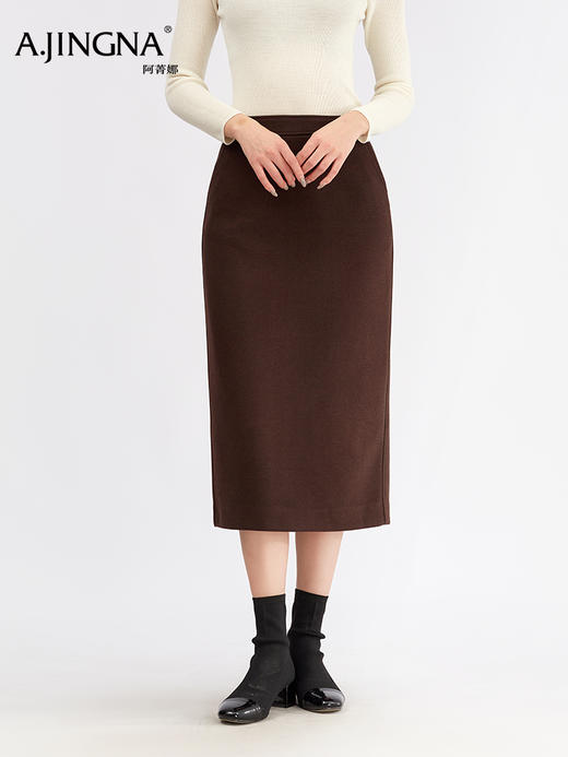 【开衩设计】阿菁娜冬季新款桑蚕骆驼绒半身裙后松紧腰侧插兜微A版显瘦开衩设计F30D213010 商品图4