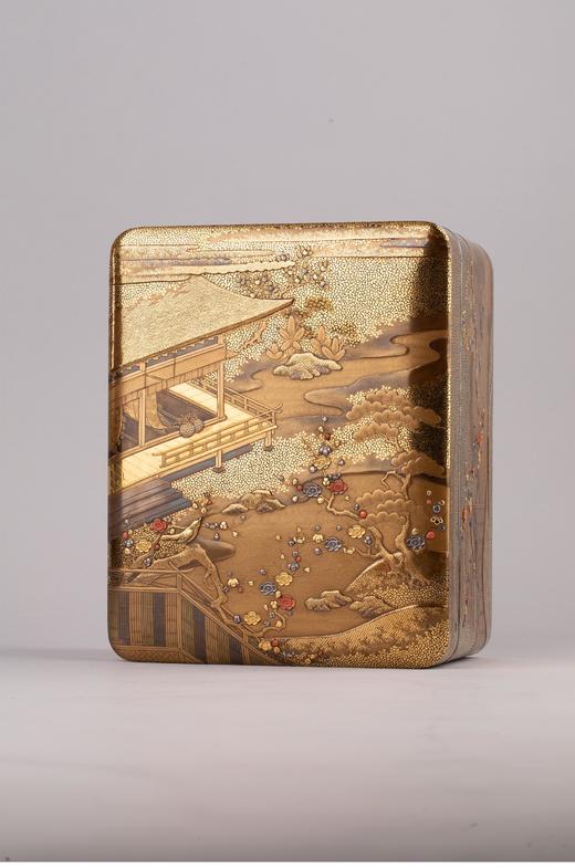 独角鹿西洋古董1910年代日本明治时期出品源氏物语「初音」主题莳绘手箱 带原盒 商品图0